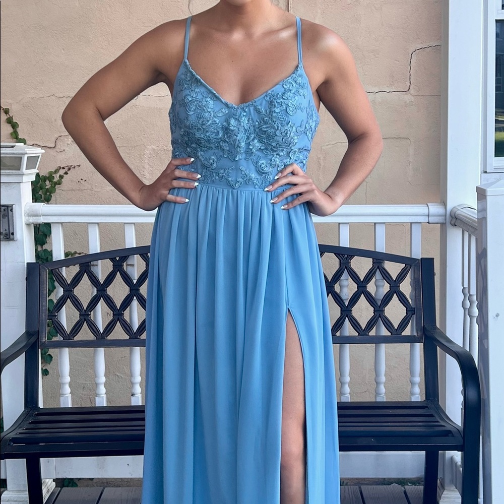 Azazie steel blue dress